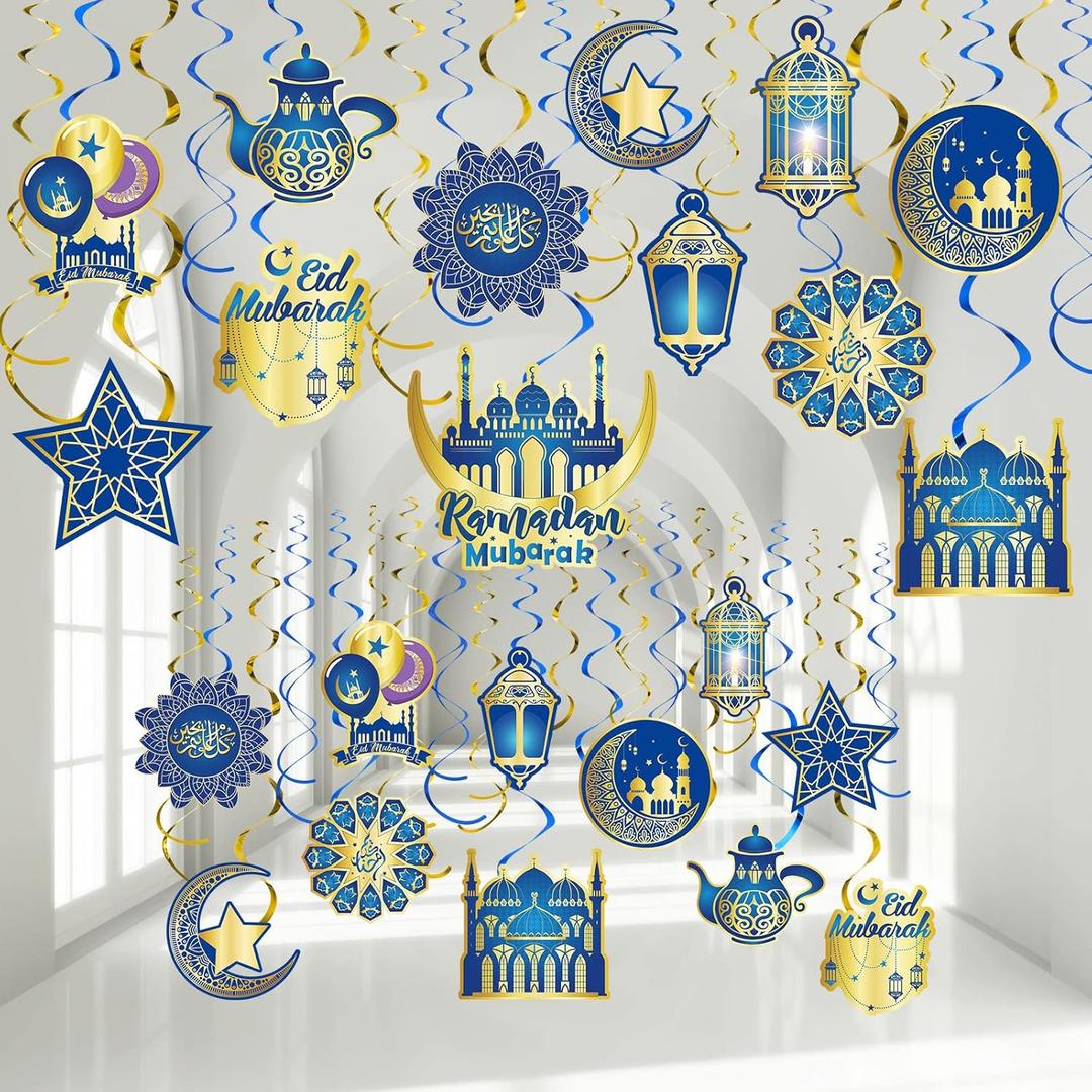 Zonon 30 Pieces Eid Ramadan Mubarak Decorations for Home Hanging Swirl Streams Ceiling Decor Star Moon Lantern Shining Foil Decor for Eid Al-fitr Party Egyptian Supplies (Blue and Gold)