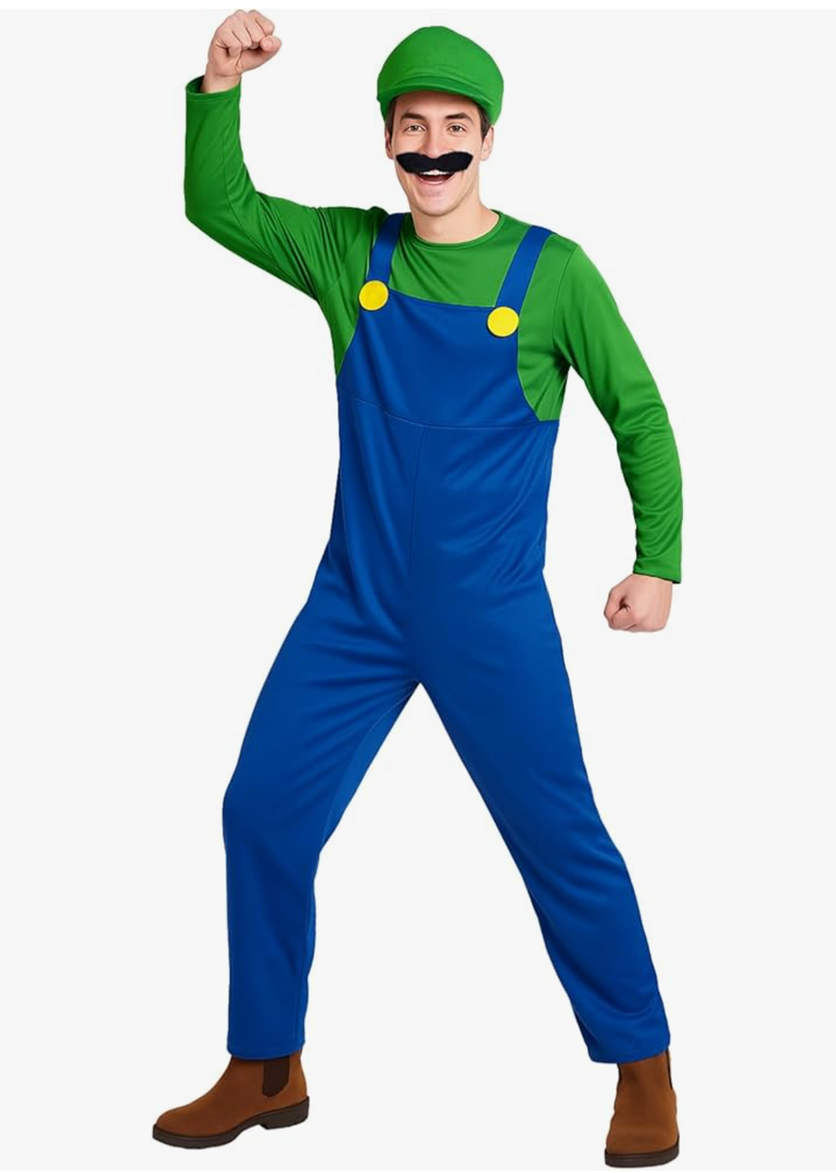 Dixworldmoon Super Brothers Costume For Adult Plumber Halloween Outfit Cosplay With Beards Hat And Gloves Green Small