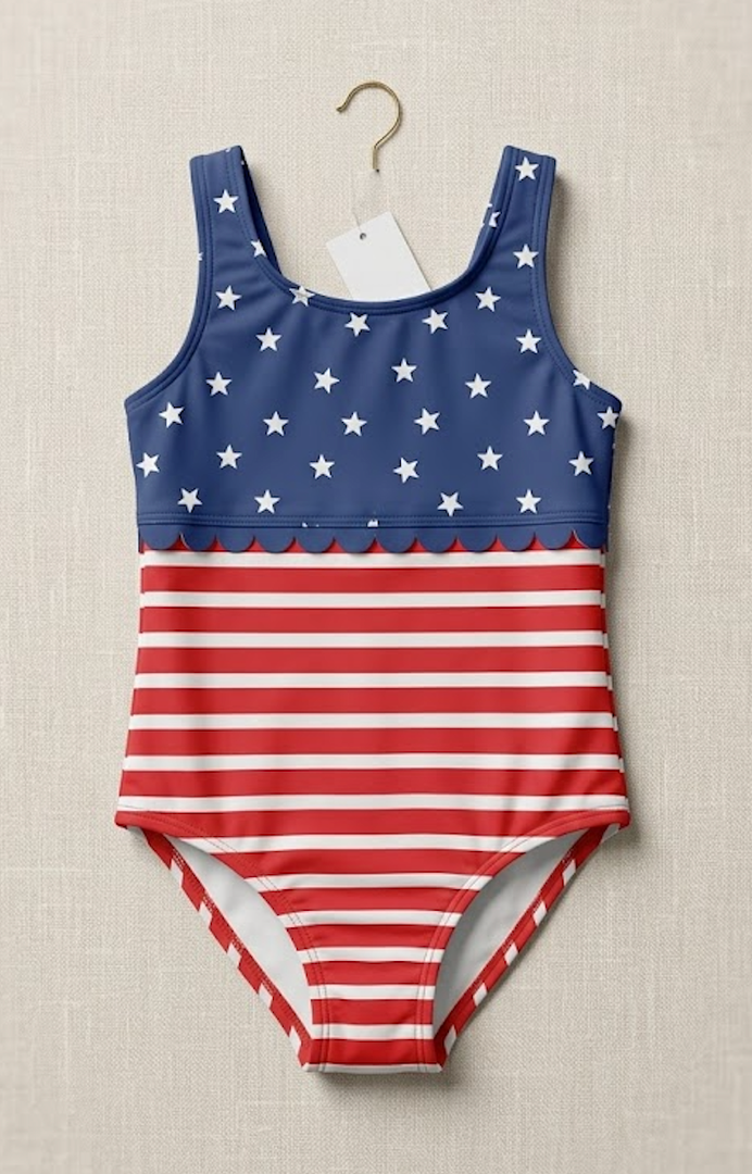 RuffleButts Girls UPF50+ Sun Protection Flounce Bikini One Piece Swimsuit - Shimmer Stars & Stripes, 12-18M