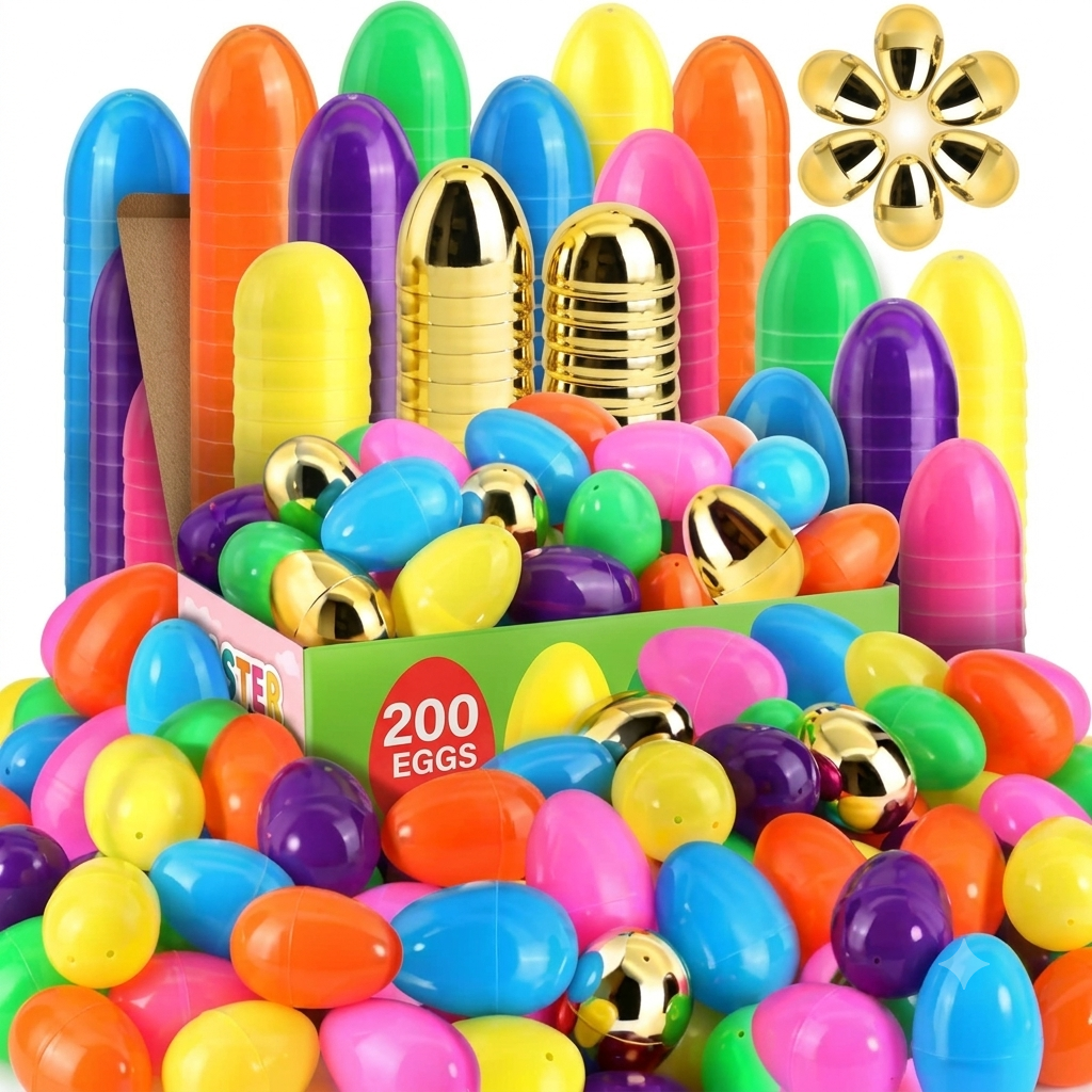 LEASEN [ 6 Surprise Golden Eggs ] 200 Pack Plastic Easter Eggs Bulks, 2.3 Inch Empty Easter Eggs, Bright Colors Plastic Eggs Fillable for Easter Hunt, Basket Stuffers Fillers, Easter Party Favor