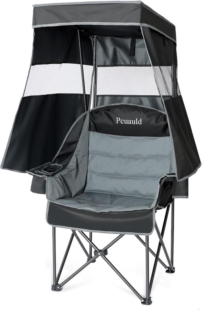 Camping Chair with Canopy Shade Heavy Duty Folding Chair with Umbrella Cup Holder Oversized Beach Chairs with Canopy for Adults Portable Padded Outdoor Lawn Chair for Sports Events Fishing, 500LBS
