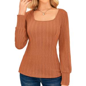 GRACE KARIN Womens Fall Long Sleeve Trendy Tops 2025 Square Neck Ribbed Casual Shirts Cozy Basic Sweater (Small, Orange)