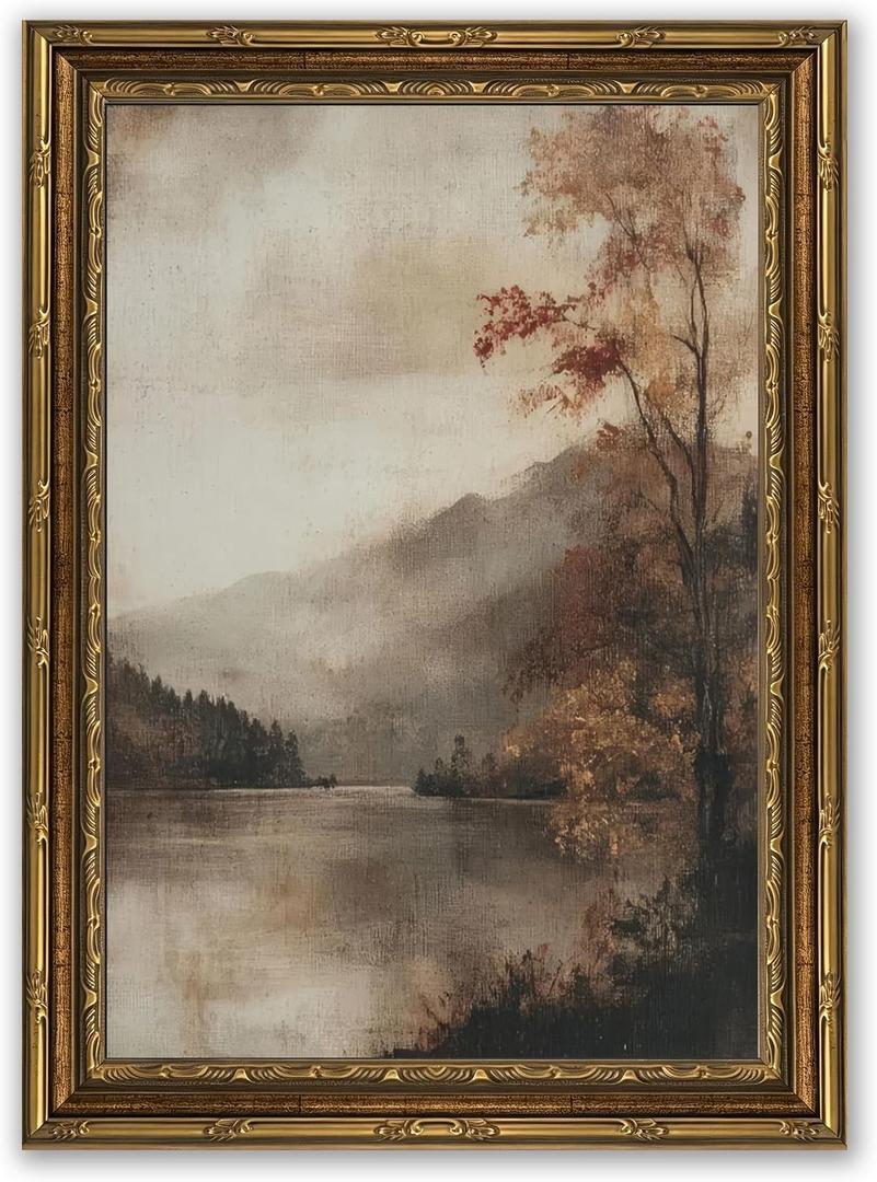 Gold Framed Vintage Autumn Landscape Canvas Wall Art Rustic Moody Lakeside Wall Decor Picture Autumn Lake River Nature Meadow Poster Print for Living Room Bedroom Bathroom Home Decoration 16x24in
