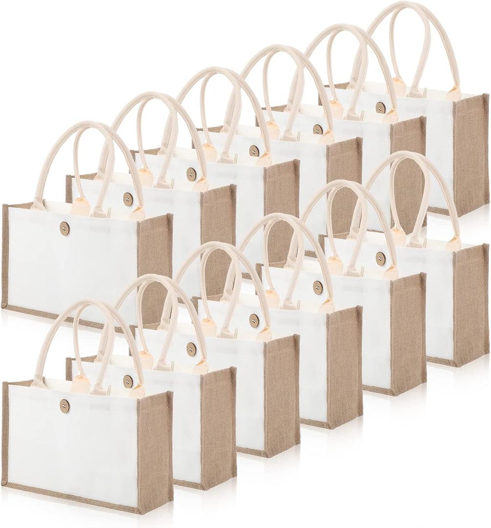 12 Pieces Jute Tote Bags Burlap Tote Beach Bags with Handles Reusable Waterproof Tote Shopping Bag Blank DIY Canvas Gift Bag (Classic Color)