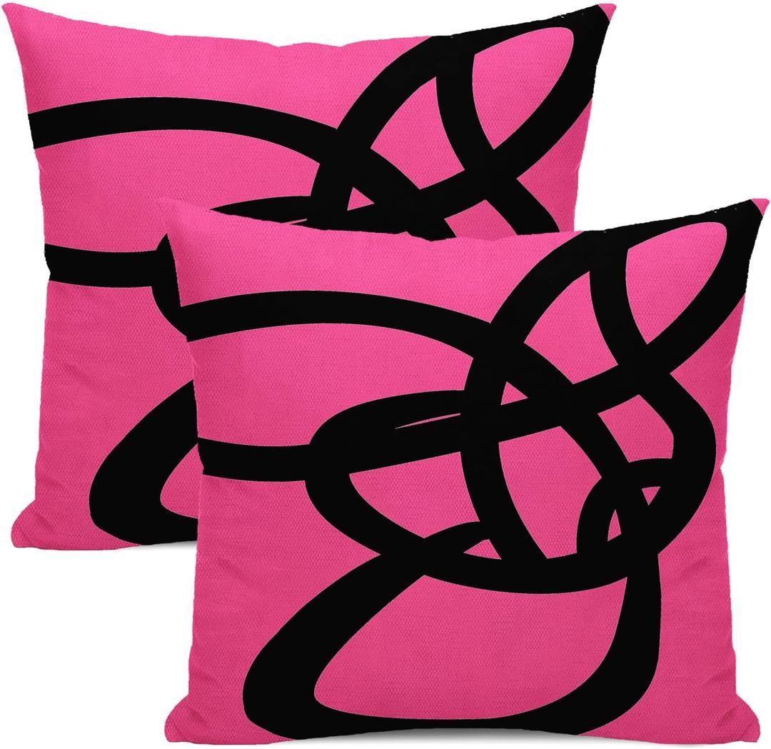 Black and Hot Pink Pillow Covers 18x18 Set of 2 Geometric Abstract Modern Art Line Throw Pillow Covers Modern Minimalist Decorative Square Linen Cushion Case Boho Decor for Couch Sofa Outdoor