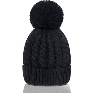 Women's Winter Beanie Warm Fleece Lining - Thick Slouchy Cable Knit Skull Hat Ski Cap (Black)