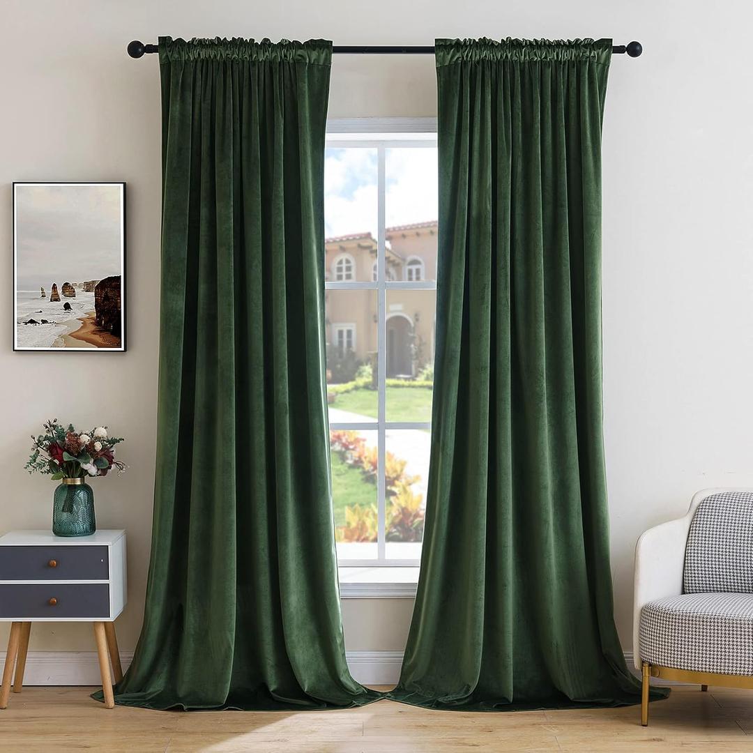 MIULEE Olive Green Velvet Curtains Thermal Insulated Blackout Curtain Drapes for Bedroom Living Room Darkening 90 Inches Long Curtains Panels Rod Pocket Set of 2