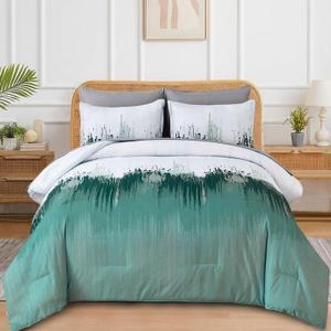 WONGS BEDDING Comforter Set King, Aqua 7 Pieces Bed in a Bag Abstract Art Gradient Comforter Soft Microfiber Bedding Set -1 Comforter, 1 Flat Sheet, 1 Fitted Sheet, 2 Pillow Shams,2 Pillowcases
