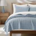 EVERGRACEHOME 100% Cotton Box Stitch Quilt Bedding Set Queen Size 3 Pieces, Garment-Washed Lightweight Soft Cozy Coverlet, Quilted Bedspread Sets with 2 Shams for All Season, Blue Linen