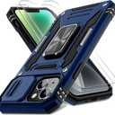 DEERLAMN Case for iPhone 13/iPhone 14 6.1-Inch with Slide Camera Cover+Screen Protector(2 Packs),Rotated Ring Kickstand Military Grade Shockproof Protective Cover-Navy Blue (for iP 13/14-6.1 Inch)