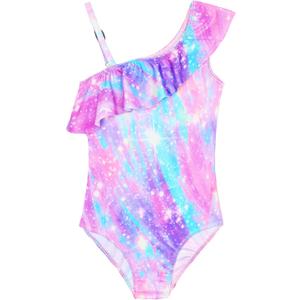 Snowheart Girls Swimsuit Adjustable Shoulder Strap UPF50+ One-Shoulder Ruffle Bathing Suit 3-12T