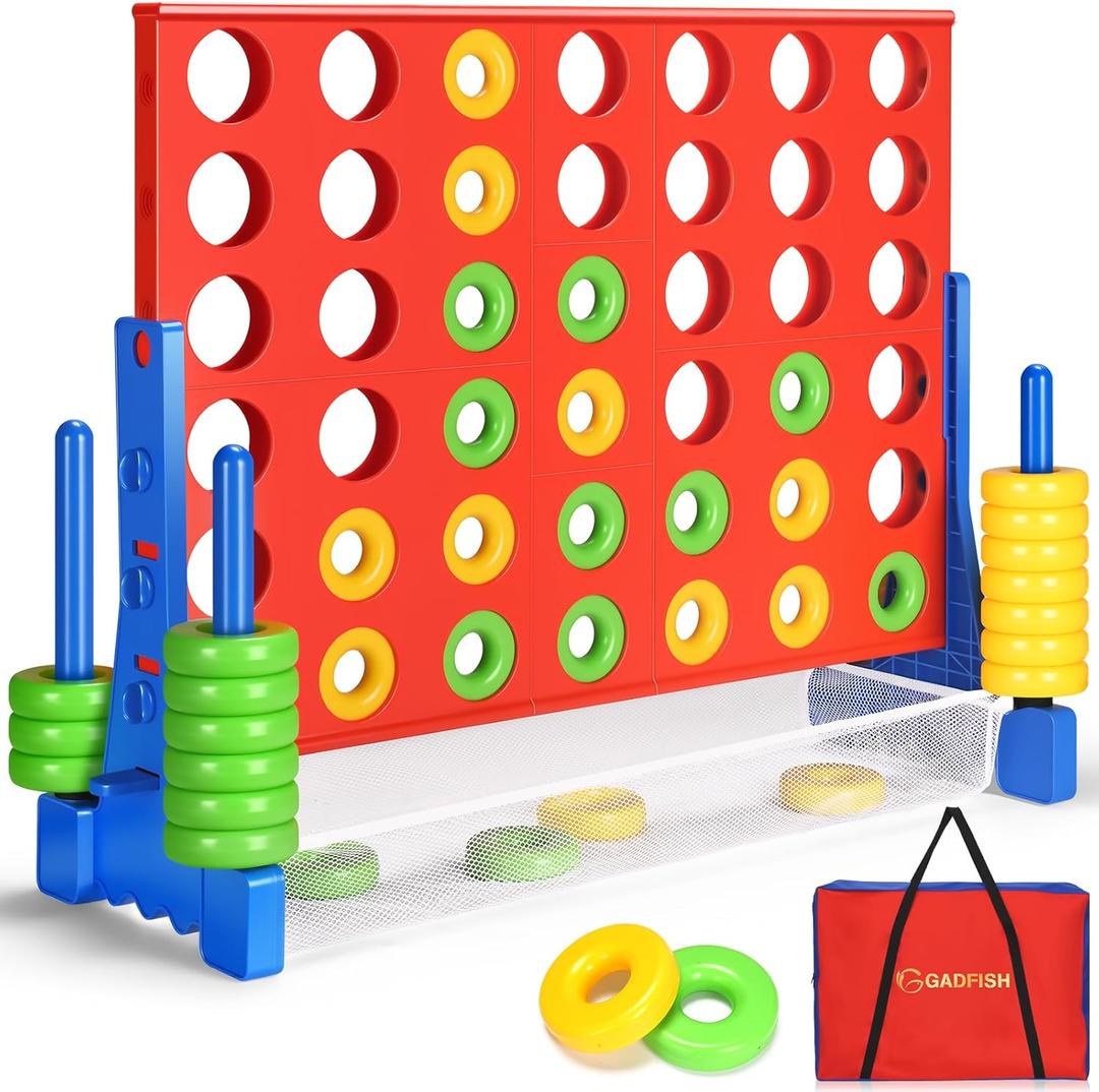 GADFISH Giant 4 in A Row - 2.6FT Tall Outdoor Connect 4 Perfect for Indoor & Outdoor Use, 4-to-Score Giant Game Set for Kids & Adults, with 42 Jumbo Rings & Quick-Release Slider (Red & Blue)