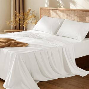 LBRO2M 100% Cotton Sheets Set 19" Deep Pocket Sheet Set King Size 600 Thread Count, 4 Piece Sets Bed Sheet Soft Comfortable All Season (King, White)
