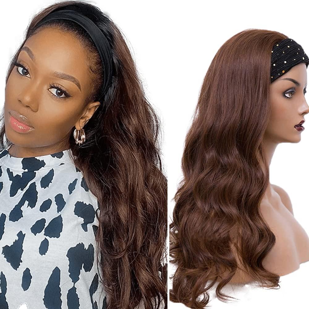 28 Inch #4 Brown Headband Wigs Human Hair Body Wave Wigs for Black Women Brazilian Virgin Hair Glueless None Lace Front Half Wig Wear and Go Chocolate Brown Headband Wigs Human Hair