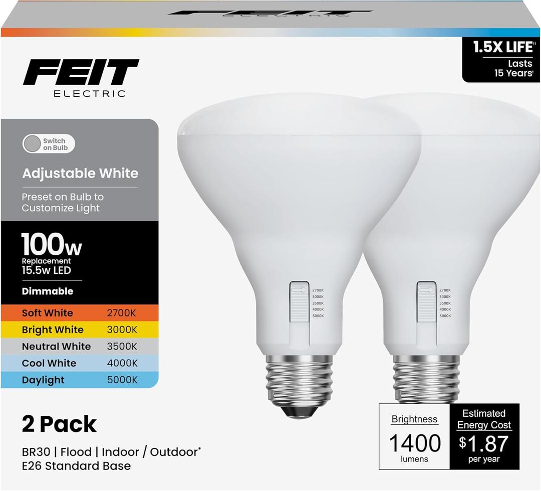 Feit Electric BR30 LED Light Bulb, 100W Equivalent, Dimmable, 5CCT, E26 Medium Base, 90 CRI, 1400 Lumens, Adjustable White, 13 Years Lifetime, 2 Pack, BR30100DM5CCTCA15K/2