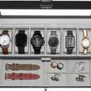 Watch Box for Men 6 Slot,Double Layer Mens Watch Case Display Organizer with Real Glass Top,Large Holder for 50mm Watches,PU Leather Jewelry Drawer Storage Valet Tray for Men,Black