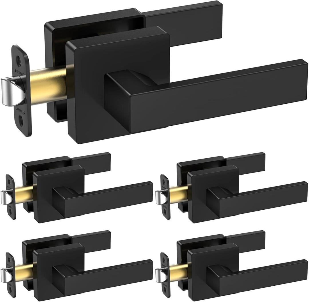 TICONN 5 PK Matte Black Door Handles Interior, Reversible Square Door Knobs Lever for Bedroom, Bathroom, Rooms (Passage, Zinc Alloy)