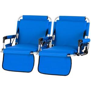 GREEN PARTY Stadium Seat for Bleachers Portable Outdoor Floor Folding Stadium Chair with Armrest, Back Support, Cup Holder, Mesh Bag and Hide Hooks, 2 Pieces