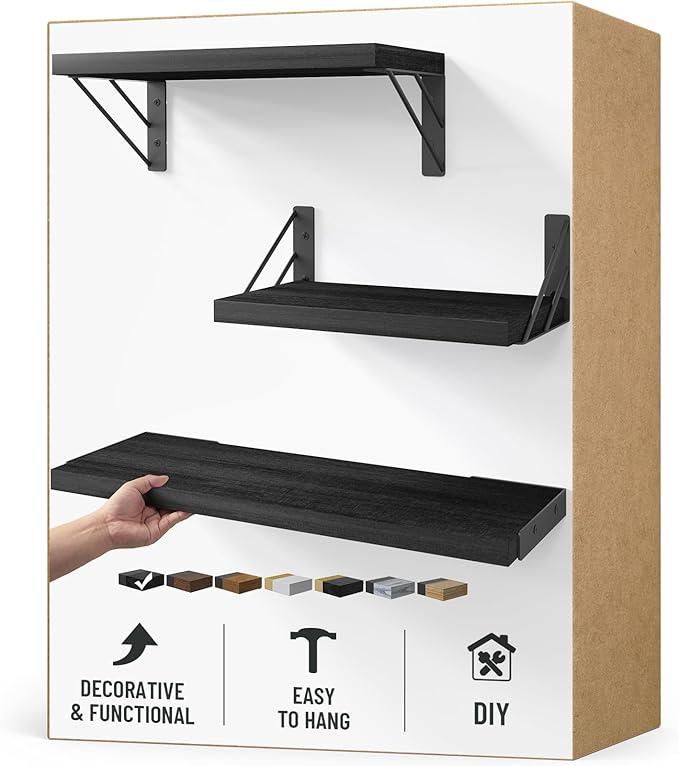 BAYKA Wall Shelves for Bedroom Decor, Floating Wall Shelves for Living Room Kitchen Storage, Wall Mounted Rustic Wood Floating Shelves for Kids Books, Corner Shelves for Bathroom, Office(Set of 3)