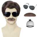 Short Brown Mens Wig With Mustache and Glasses 70s 80s Halloween Costume Cosplay Party Funny Wig (4pcs Set)