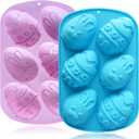 Egg Shape Silicone Molds 3.5 Inch, 2-Pack Chocolate Baking Holiday Easter Mould, Non-Stick BPA Free, Kid-Friendly Soap Mold Rabbit & Floral Designs, Blue & Pink