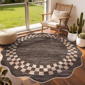GarveeHome Scalloped Round Rug 4ft Modern Solid Color Circle Rugs Non Slip Low Pile Living Room Throw Carpat Washable Bedroom Scalloped Round Area Rug Stain Resistant Bordered Rug for Kitchen, Brown