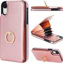 Folosu Compatible with iPhone XR Case Wallet with Card Holder, 360Rotation Finger Ring Holder Kickstand Protective RFID Blocking PU Leather Double Buttons Flip Shockproof Cover 6.1 Inch Rose Gold