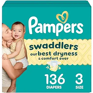 Pampers Swaddlers Diapers, Size 3 (13-26 lbs), 136 Count, Absorbent, Keeps Baby Dry and Comfortable, Skin Safe Disposable Baby Diaper 