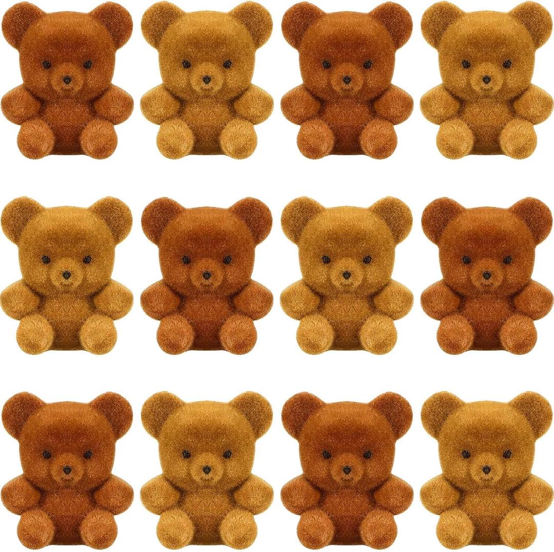 Hungdao 12pcs Mini Flocked Bears Tiny Bear Stuffed Miniature Decorations for Birthday Cake Wedding Decor Party Favor Supplies Bag Charm DIY Accessory 1 Inch(Brown, Light Brown)