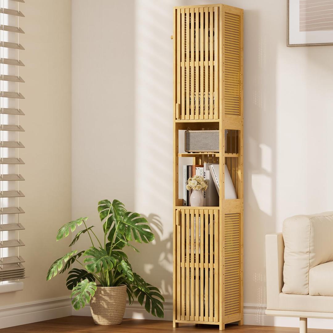 Amazer 70'' Tall Bathroom Storage Cabinet Bamboo, Slim Storage Cabinet with Rattan Door and Adjustable Shelves, Narrow Freestanding Organizer for Living Room, Kitchen, Natural Color