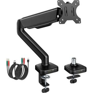 monTEK Heavy Duty Single Monitor Arm with USB/Audio Ports for 17-32” Screens, Premium Mechanical Spring Monitor Arm up to 19.8 lbs, Full Motion Monitor Desk Mount, VESA 75/100 mm, Clamp/Grommet