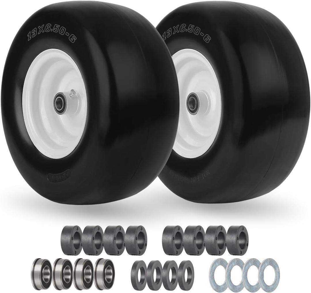 13x6.50-6 Flat Free Lawn Mower Tire and Wheel, Solid Smooth Zero Turn Mower Front Tire Assembly, with 3/4" & 5/8" Bearing, 4"-6.5" Centered Hub, Compatible with Lawnmower Garden Tractor, 2 Pack (13x6.50-6 Flat Free (Smooth Tread ))