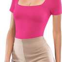 MANGOPOP Women Square Neck Short Sleeve Bodysuit Double Lined Thong Body Suits Shirts Basic Top (X-Small, Hot Pink)