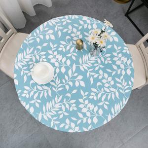 Round Vinyl Fitted Tablecloth with Flannel Backing Elastic Table Cloth Waterproof Oil-Proof Plastic Cover- Fits Tables up to 27" - 31" Diameter (Blue Leaves)