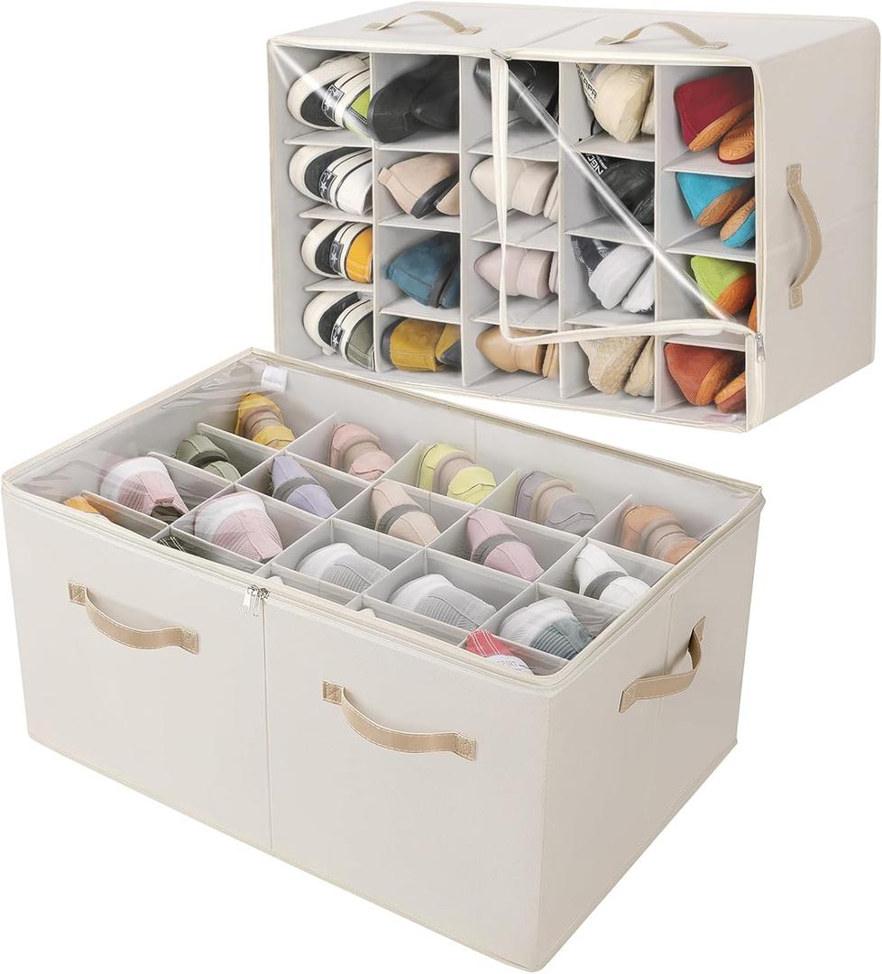 Shoe Organizer for Closet 2 Pack, Foldable Shoe Box with Adjustable Divider and Clear Cover, Space Saving Shoe Storage Organizer Cabinet with Reinforced Handles, Fits 40 Pair, Beige, TP11Y (Extra Large(26.5''L x 16.54''W x 13'H))
