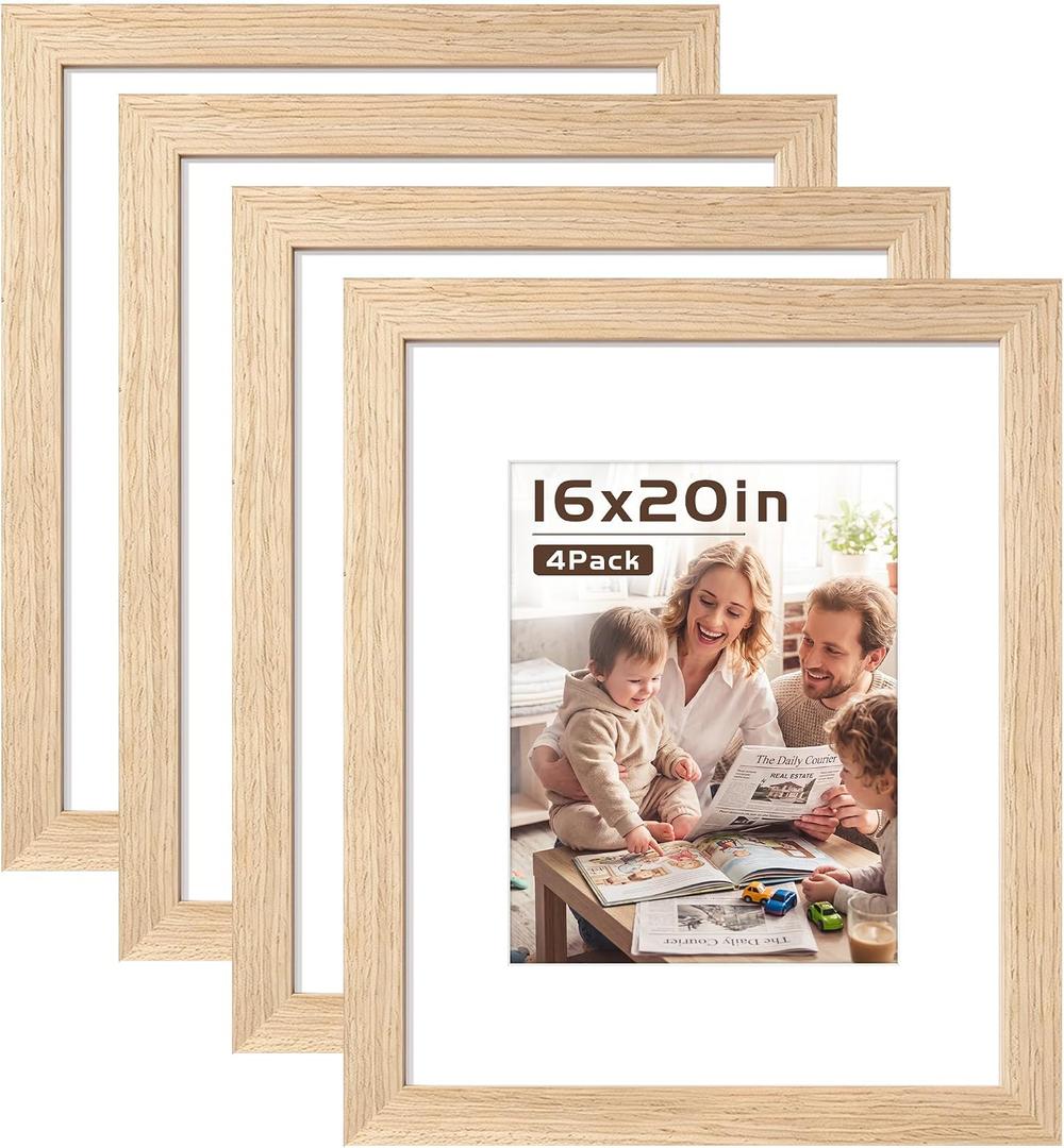 Abtgt Solid Wood 16x20 Frames, Gallery Wall Frame Set of 4, Natural | Display 11x14 with Mat or 16x20 without Mat, Wall Horizontal or Vertical Display, Woodgrain Finish