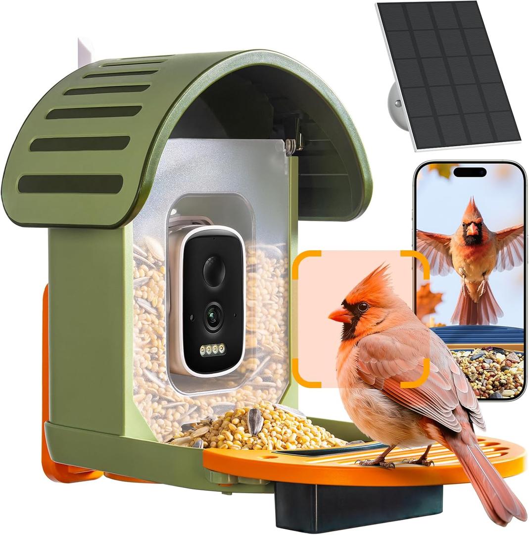 Smart Bird Feeder with Camera, 2.5K UHD Bird Feeder Camera Solar Powered, Sensitive AI Identification, Instant Alerts Capture Video, IP66 Waterproof for Outdoor, Ideal Gift, Green