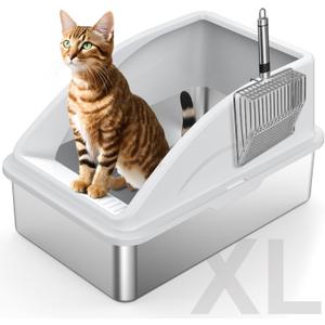 FURTIME Stainless Steel Litter Box with Lid, XL Metal Cat Litter Box for Big Cats, Extra Large Box High Sided, Non-Sticky, Easy to Clean, Anti-Urine Leakage, Include Metal Litter Scoop (Silver Gray)