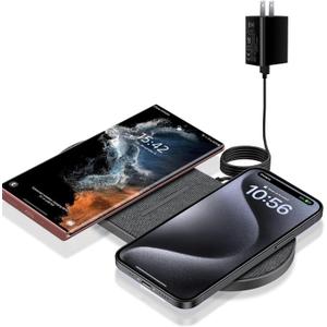 40W Wireless Charging Pad,Dual 20W Charging mat for Apple iPhone 16 15 14 13 12 11 Pro/Max/Mini/Plus/XS/XR,Airpods 4/3/Pro,2 in 1 Wireless Phone Charger for Samsung,Pixel,Xperia(with PD Adapter) (Gray with Adapter)