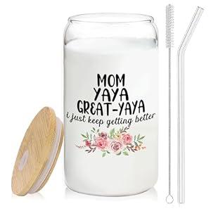 BEHIFL Christmas Grandma Gifts For Mom Yaya Great Yaya Glass Coffee Cup With Lid And Straws 14oz - christmas Glass Cup gifts For Grandmother