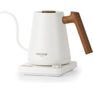 POLIVIAR Electric Gooseneck Kettle, 1350W Electric Tea Kettle Wood Pattern Handle, 34oz Pour Over Electric Kettle for Coffee & Tea, 18/8 Stainless Steel Inner, Temperature Control & Rapid Heating (White)