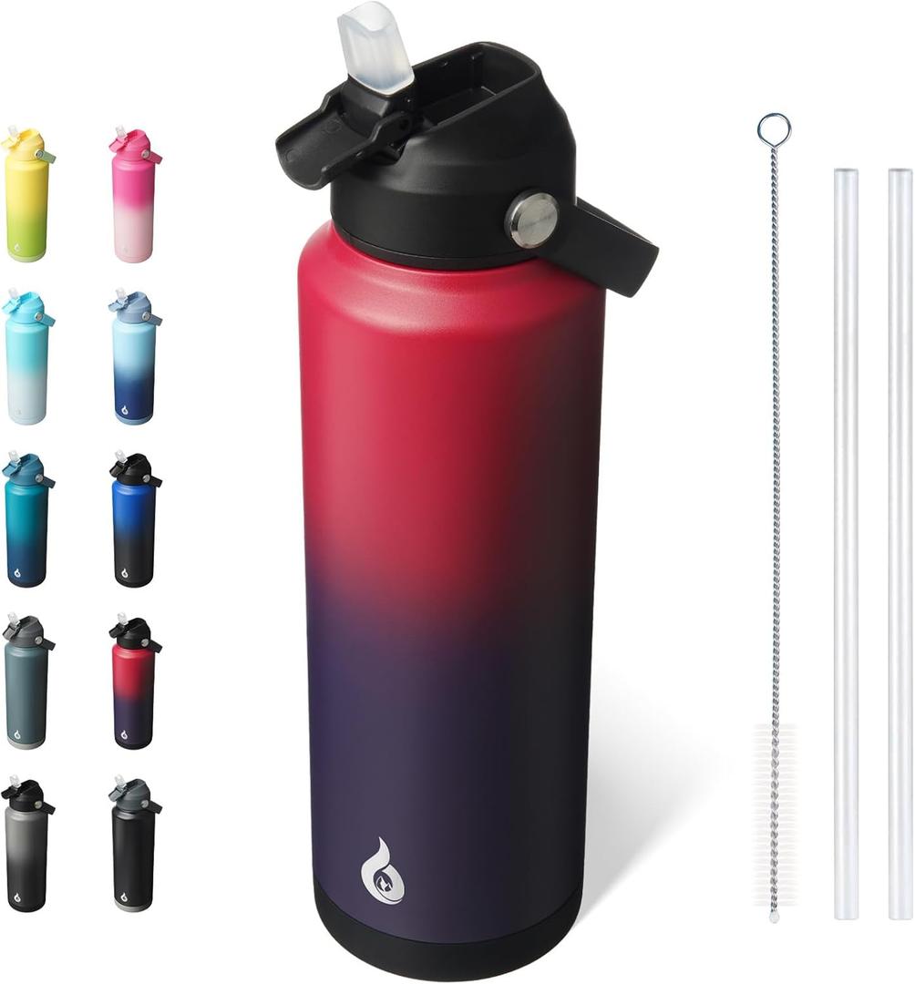 BJPKPK Insulated Water Bottle with Straw Lid, 40oz Large Thermos, BPA Free Leak Proof Stainless Steel Metal Water Bottles, Tumblers, Cups, Flasks for Travel, Sports,Charming Red