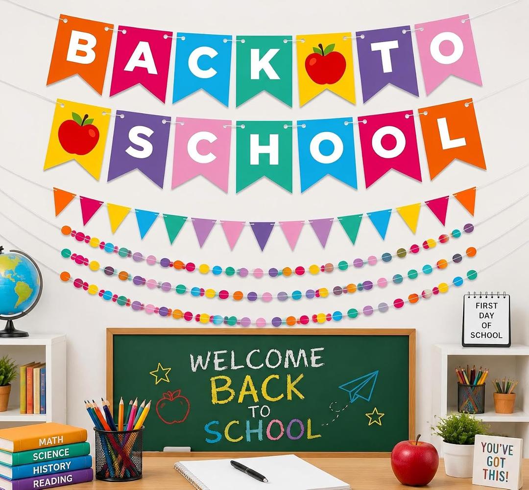 Yinder Back to School Decorations, 8-piece First Day of School Cardstock Banner Garland Kit with Letter Banner, Pennant Flags and Paper Dot Garlands for Classroom Door Bulletin Board Party