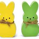 Easter Decorations, Himmel 4PCS Peeps Decor, Easter Wooden Signs for Tiered Tray, Easter Table Decorations Rustic Freestanding Tabletop for Indoor Gift and Dinning Room