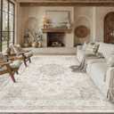 PureCozy Beige Area Rug 8x10 Washable Vintage Carpet for Living Room Bedroom Large Soft Retro Low Pile Thin Indoor Rug Non Slip Oriental Medallion Floor Cover for Dining Room Office