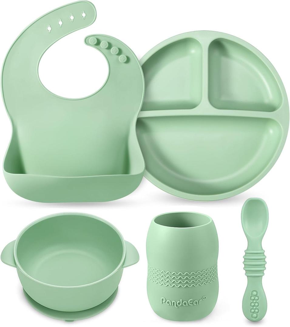 PandaEar Silicone Baby Feeding Set - 6-12 Months | LED Weaning Supplies - Bib + Plate with Suction + Cup + Bowls and Spoon (Green)