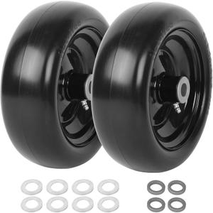 (2-Pack) 9x3.50-4 Flat Free Lawnmower Tire and Wheel Assemblies - PU Tire on Wheel and Adapter Kits with 3.5" Centered Hub, 3/4" Bushings (Black(Smooth Tread))