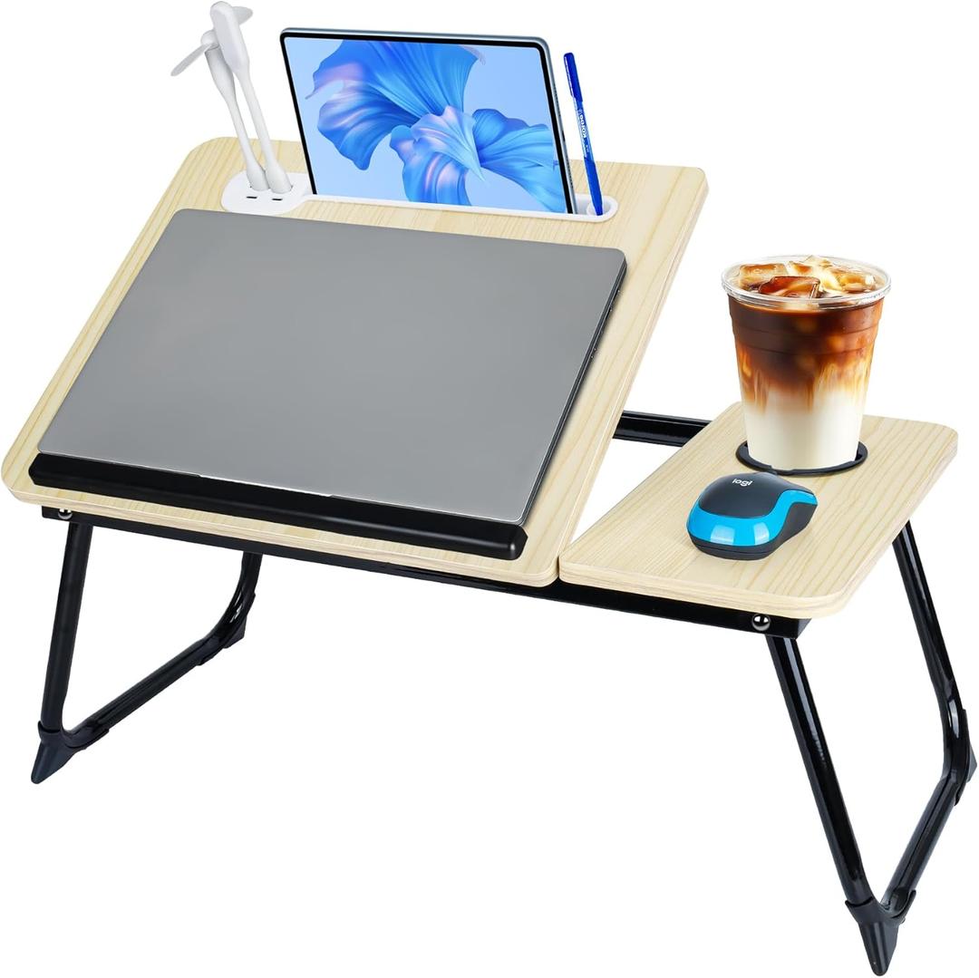 Laptop Bed Desk, Adjustable Lap Desk, Small Laptop Table with USB Charge Port, Desktop Card &Pen Slot, Cup Holder, Foldable Bed Tray Table for Couch Sofa Chair Floor Eating Working