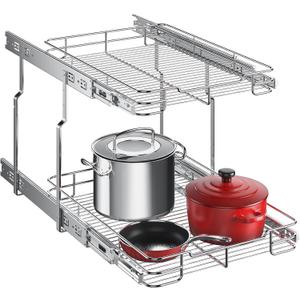Delamu 14" W X 21" D Pull Out Cabinet Organizer, 2 Tier Heavy Duty Cabinet Shelf Organizers, Cabinet Slide Out Shelves for Kitchen, Pantry and Bathroom, Silver