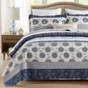 Homzard Quilt Queen Size - Queen Comforter Set,Navy Blue Beige Grey All Cotton Quilted Bedspread Set,Striped Floral Pattern Quilt,Lightweight Paisley 3 Piece Bedding,All Seasons
